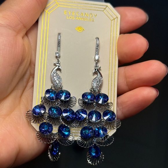Elegant Silver and Blue Peacock Earrings - Picture 5 of 6